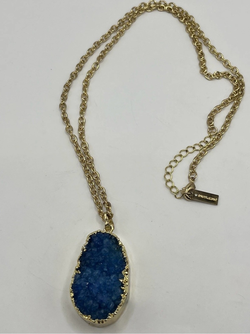 BaubleBar Blue Druzi Pendant Gold Tone Chain Necklace Signed